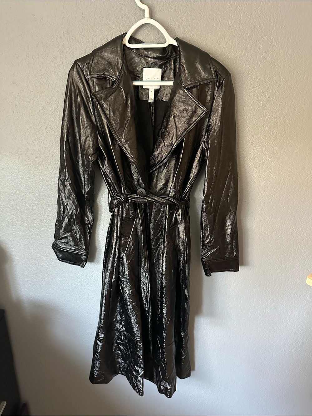 Shiny Black Faux Leather Trench Coat Leith